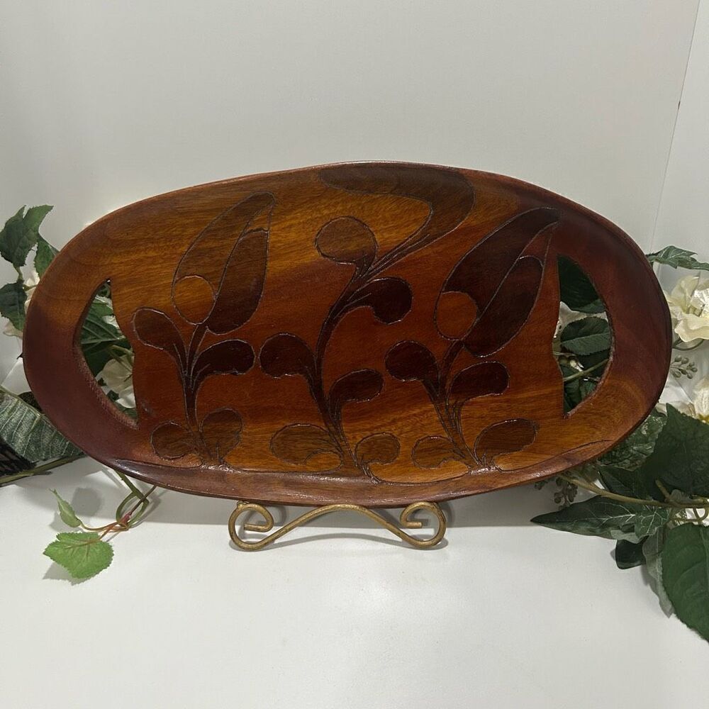 Vtg Hand-Carved Wood Serving Tray 15"x 8.5" Brown Oval Double-sided Wood Inlay